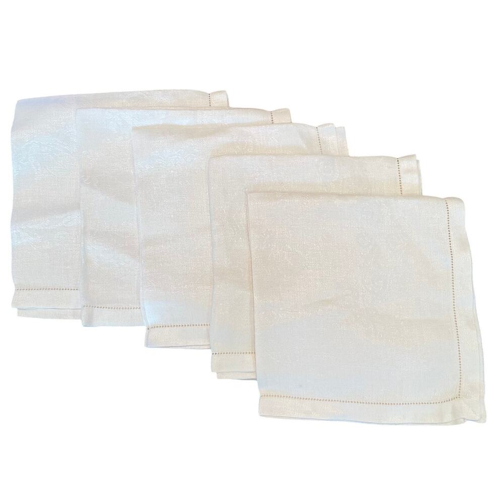 Vintage Ivory / Cream Cotton Square Napkins, Floral, Pointelle Trim, Set of 5